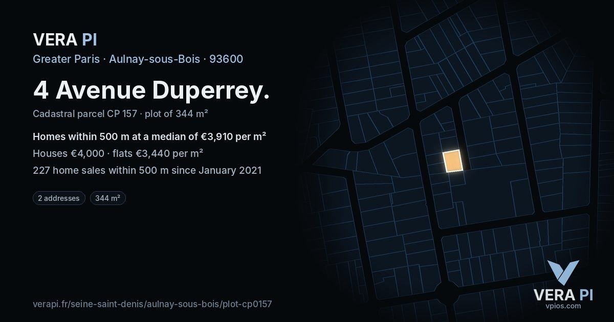 4 Avenue Duperrey, Aulnay-sous-Bois at night – the plot lit, the parcels around coloured by the prices near them