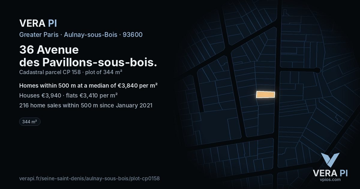 36 Avenue des Pavillons-sous-bois, Aulnay-sous-Bois at night – the plot lit, the parcels around coloured by the prices near them