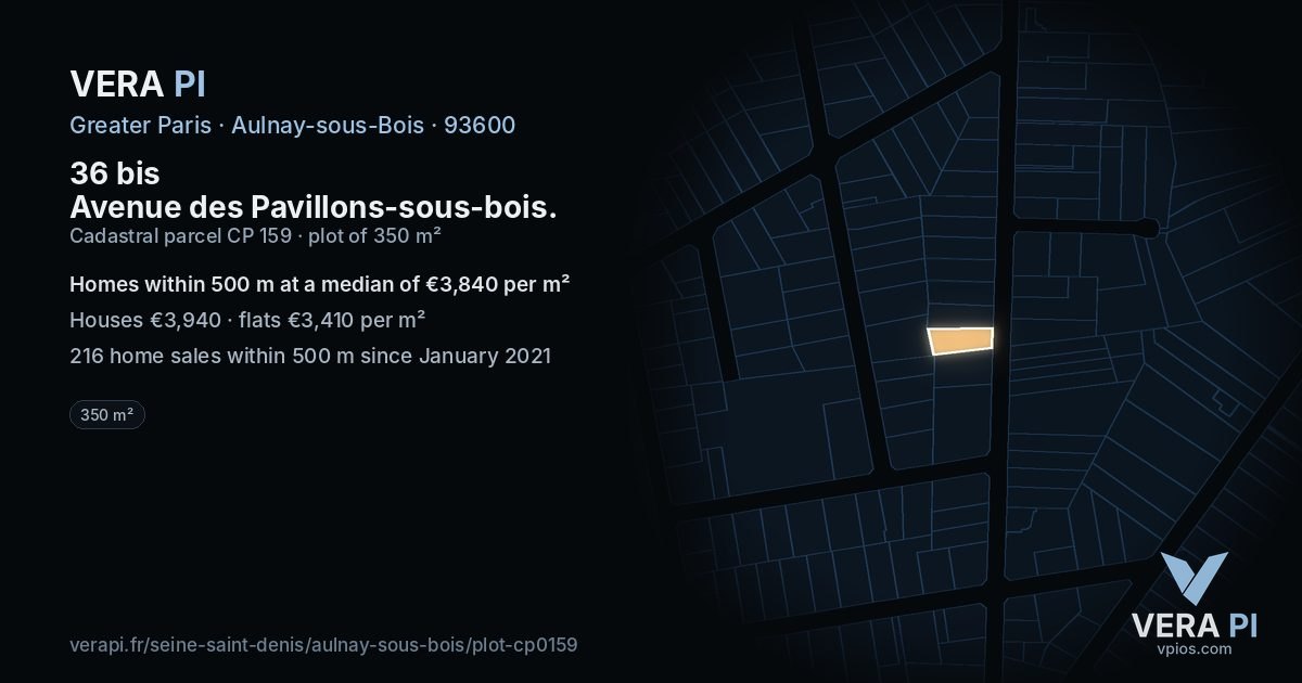 36 bis Avenue des Pavillons-sous-bois, Aulnay-sous-Bois at night – the plot lit, the parcels around coloured by the prices near them