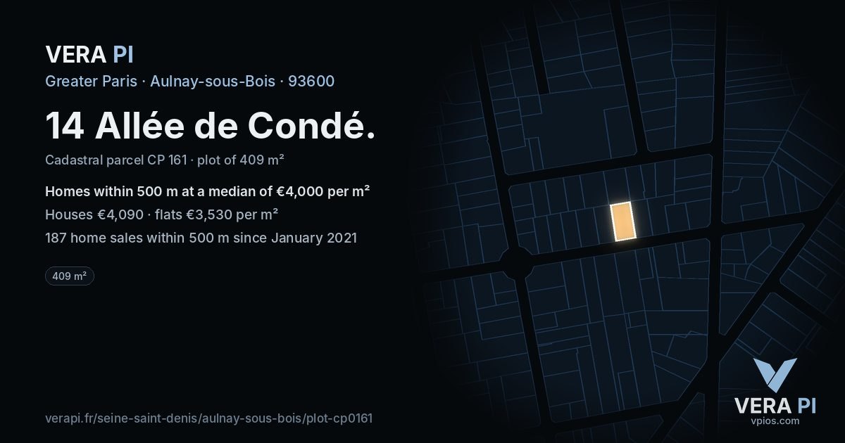 14 Allée de Condé, Aulnay-sous-Bois at night – the plot lit, the parcels around coloured by the prices near them