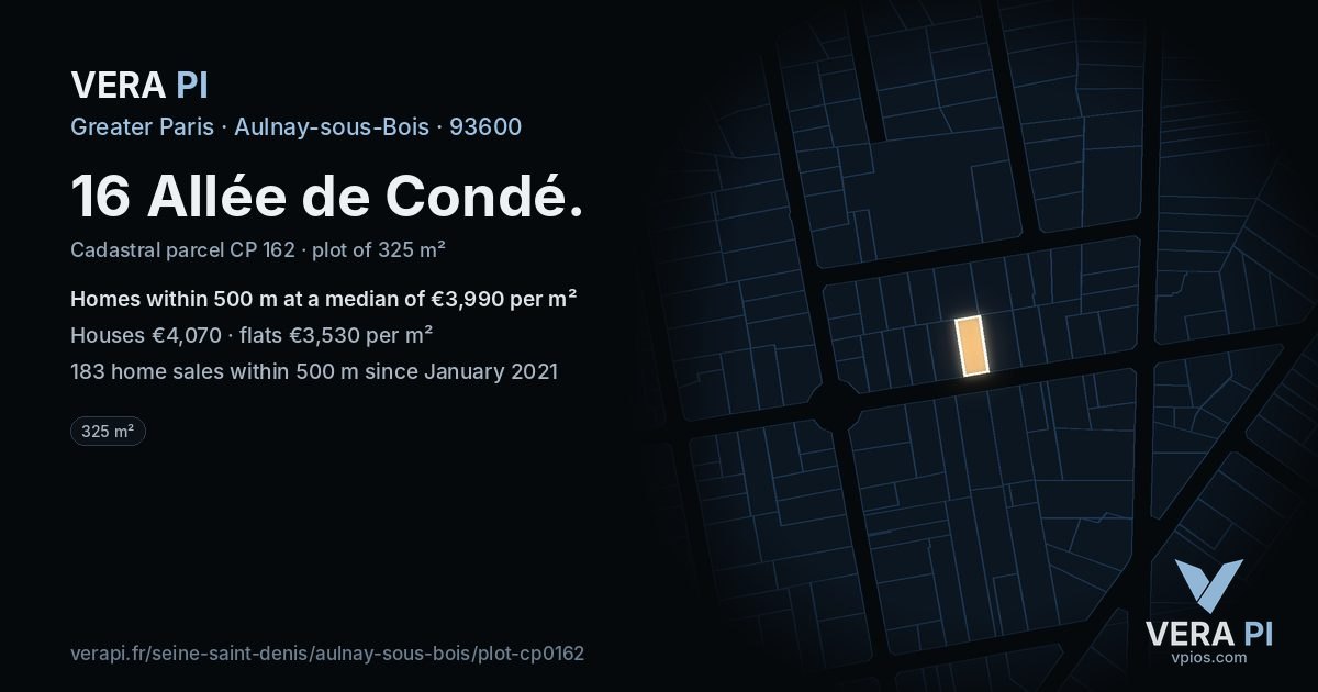 16 Allée de Condé, Aulnay-sous-Bois at night – the plot lit, the parcels around coloured by the prices near them