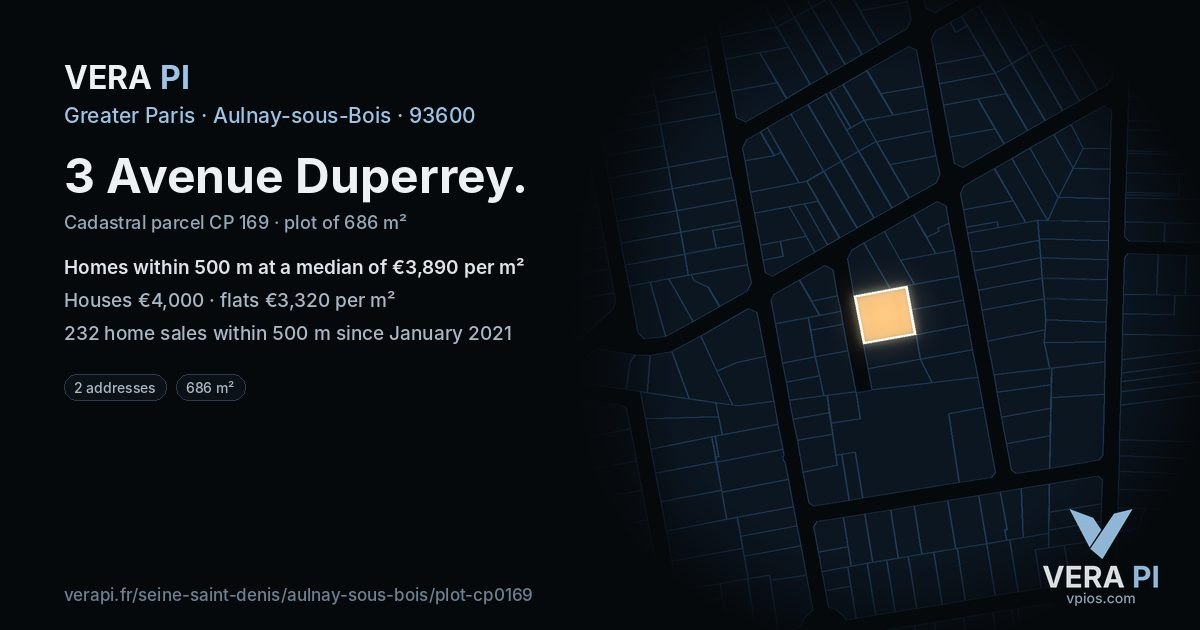 3 Avenue Duperrey, Aulnay-sous-Bois at night – the plot lit, the parcels around coloured by the prices near them