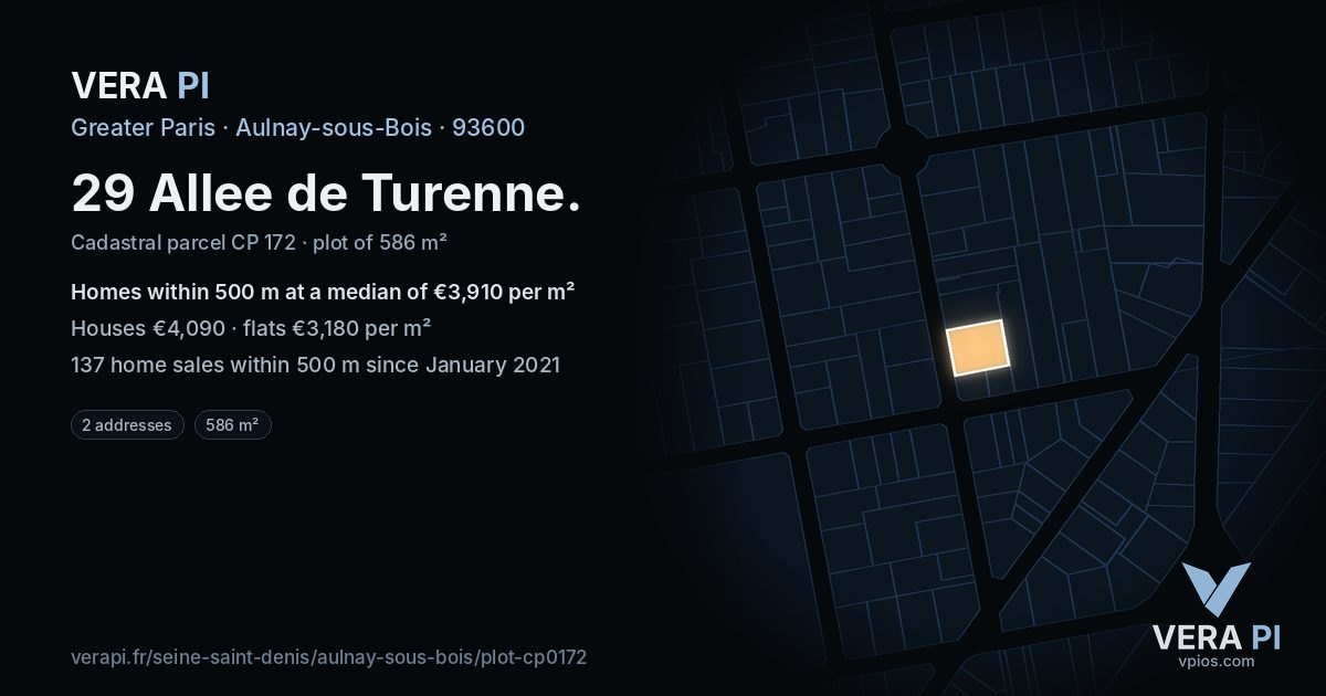 29 Allee de Turenne, Aulnay-sous-Bois at night – the plot lit, the parcels around coloured by the prices near them