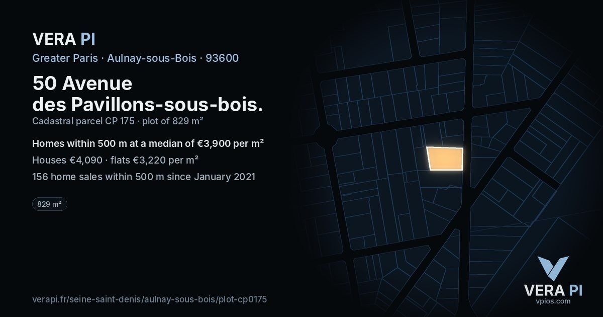 50 Avenue des Pavillons-sous-bois, Aulnay-sous-Bois at night – the plot lit, the parcels around coloured by the prices near them