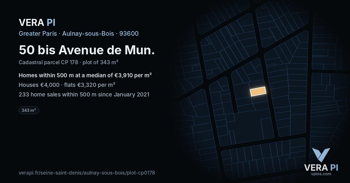 50 bis Avenue de Mun, Aulnay-sous-Bois at night – the plot lit, the parcels around coloured by the prices near them