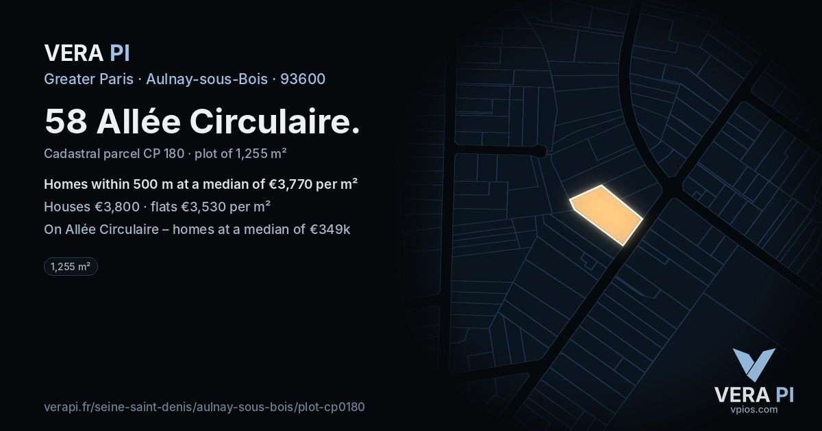 58 Allée Circulaire, Aulnay-sous-Bois at night – the plot lit, the parcels around coloured by the prices near them