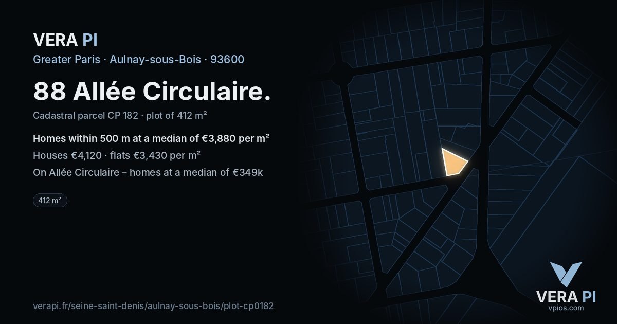 88 Allée Circulaire, Aulnay-sous-Bois at night – the plot lit, the parcels around coloured by the prices near them