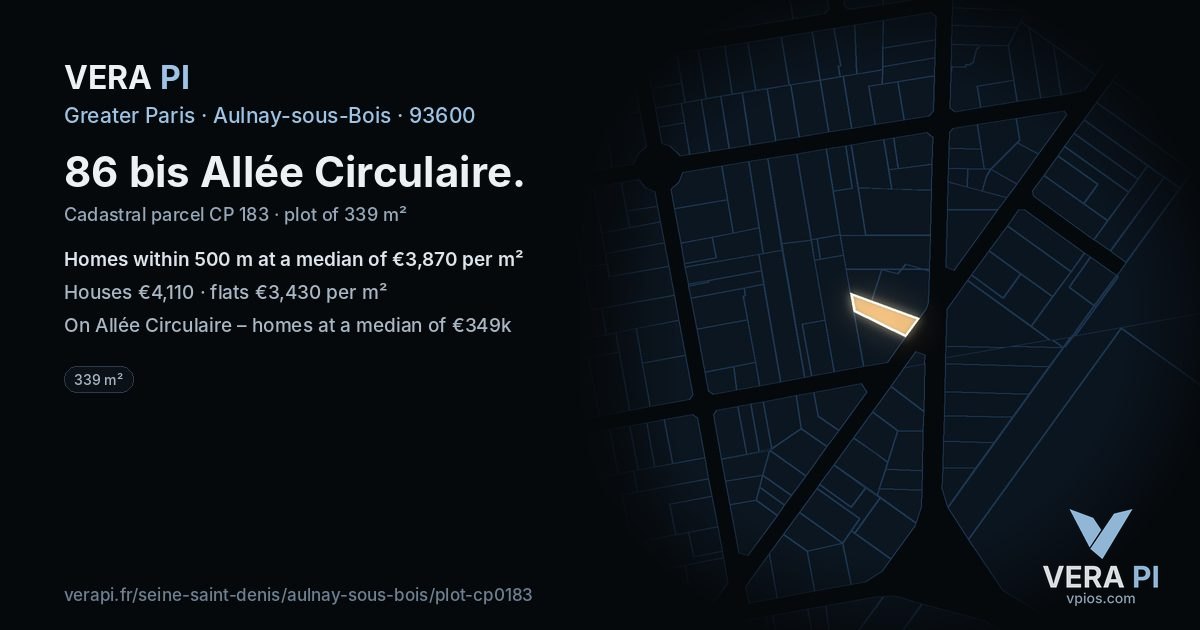 86 bis Allée Circulaire, Aulnay-sous-Bois at night – the plot lit, the parcels around coloured by the prices near them