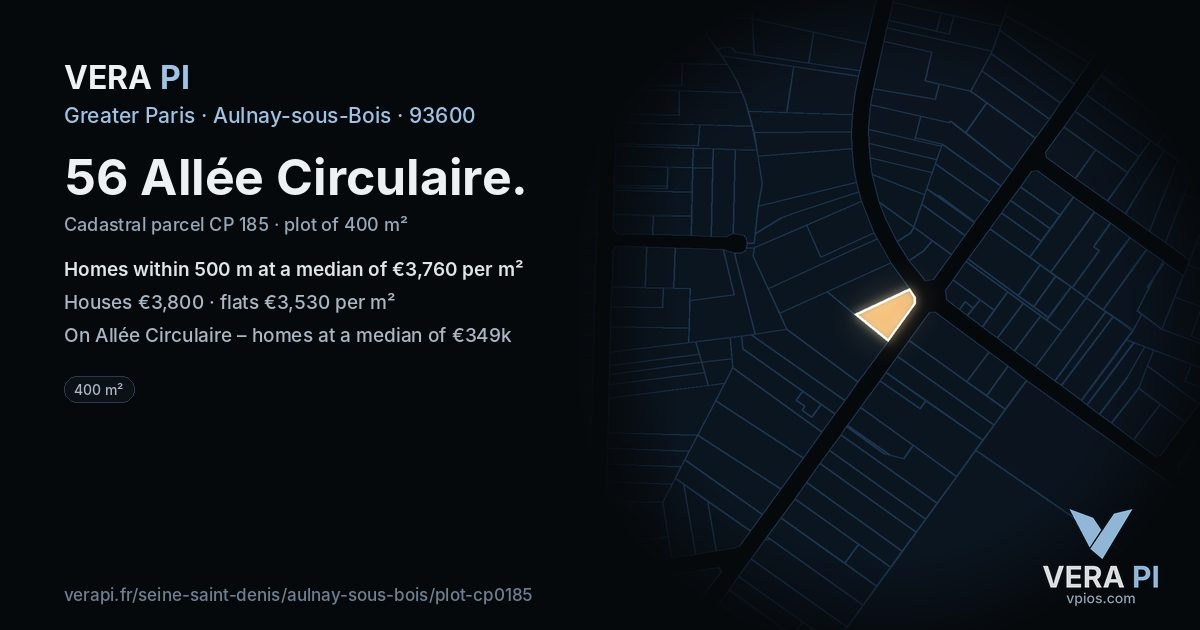 56 Allée Circulaire, Aulnay-sous-Bois at night – the plot lit, the parcels around coloured by the prices near them