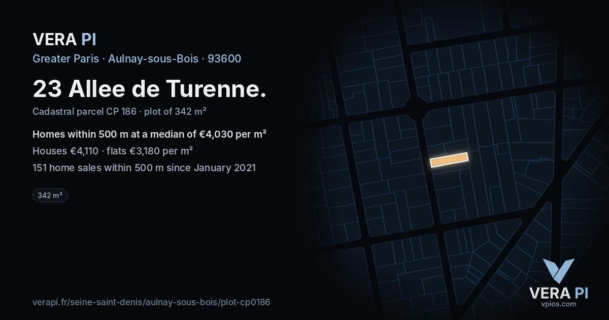 23 Allee de Turenne, Aulnay-sous-Bois at night – the plot lit, the parcels around coloured by the prices near them