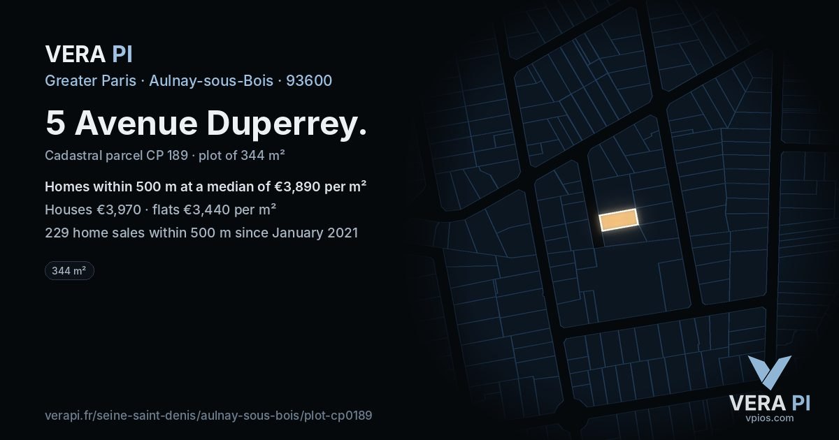 5 Avenue Duperrey, Aulnay-sous-Bois at night – the plot lit, the parcels around coloured by the prices near them