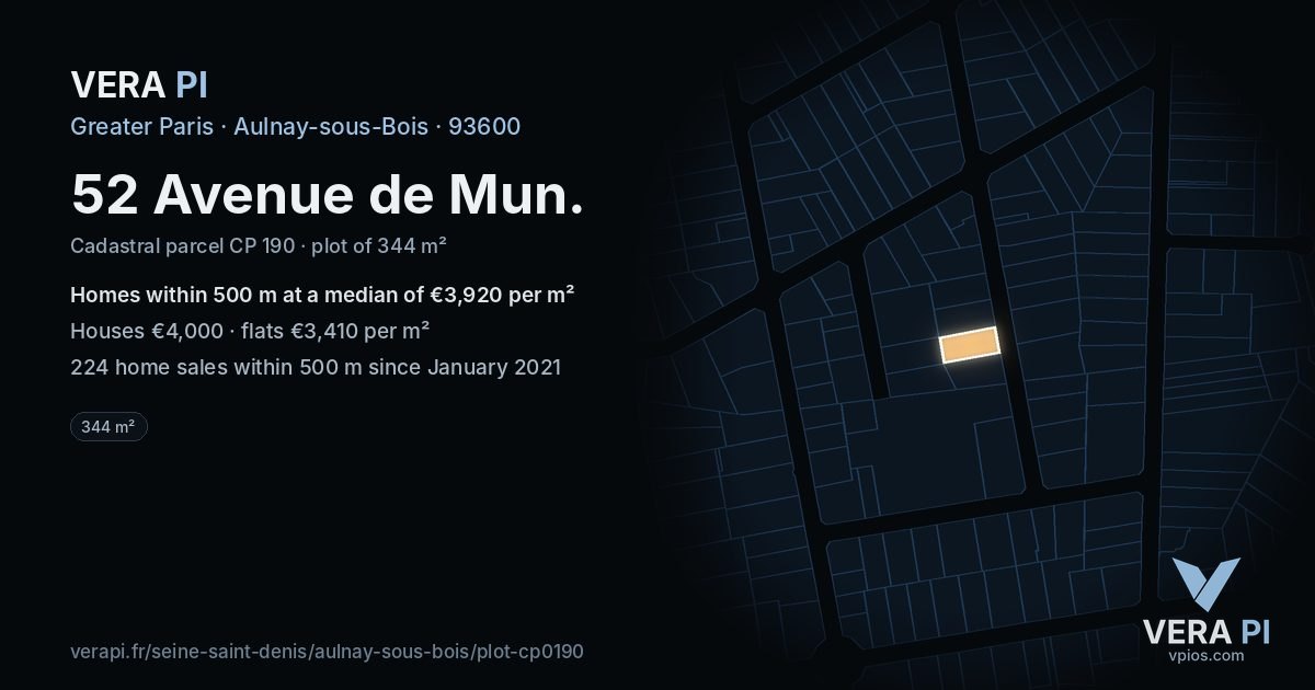 52 Avenue de Mun, Aulnay-sous-Bois at night – the plot lit, the parcels around coloured by the prices near them