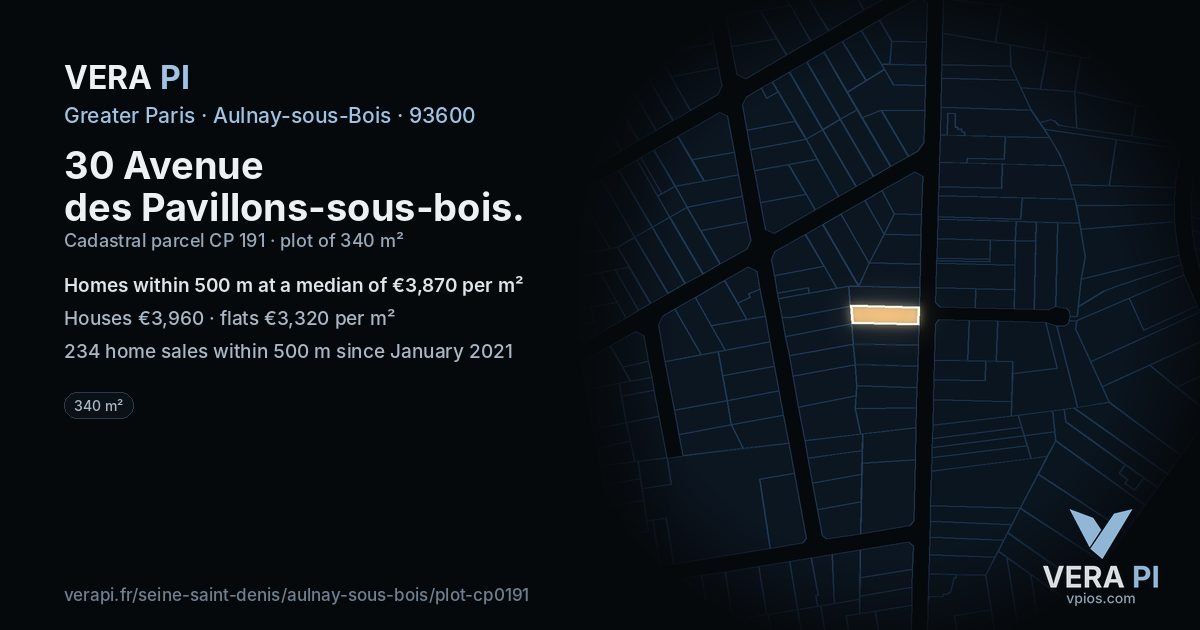 30 Avenue des Pavillons-sous-bois, Aulnay-sous-Bois at night – the plot lit, the parcels around coloured by the prices near them