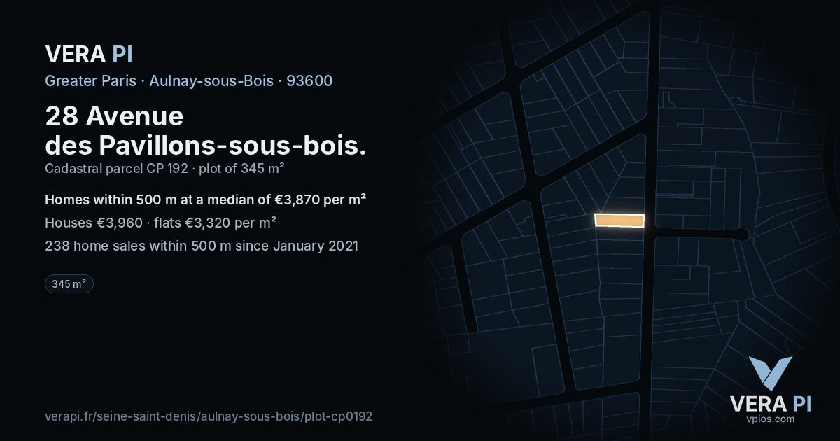 28 Avenue des Pavillons-sous-bois, Aulnay-sous-Bois at night – the plot lit, the parcels around coloured by the prices near them