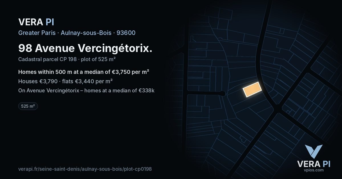 98 Avenue Vercingétorix, Aulnay-sous-Bois at night – the plot lit, the parcels around coloured by the prices near them
