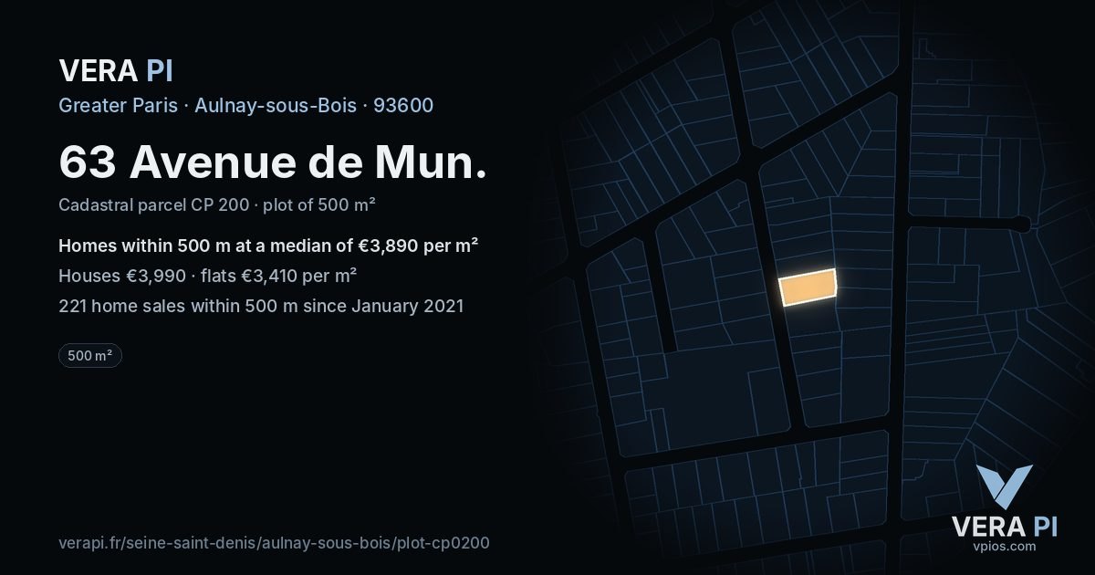 63 Avenue de Mun, Aulnay-sous-Bois at night – the plot lit, the parcels around coloured by the prices near them