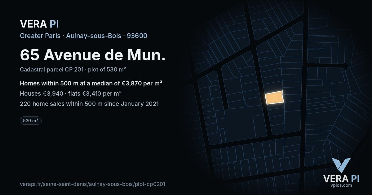 65 Avenue de Mun, Aulnay-sous-Bois at night – the plot lit, the parcels around coloured by the prices near them