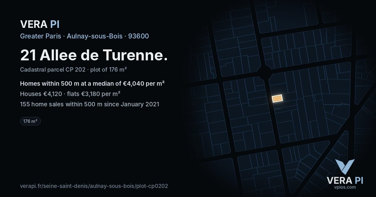 21 Allee de Turenne, Aulnay-sous-Bois at night – the plot lit, the parcels around coloured by the prices near them