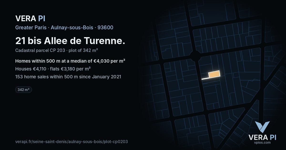 21 bis Allee de Turenne, Aulnay-sous-Bois at night – the plot lit, the parcels around coloured by the prices near them