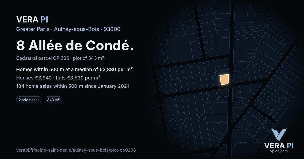 8 Allée de Condé, Aulnay-sous-Bois at night – the plot lit, the parcels around coloured by the prices near them