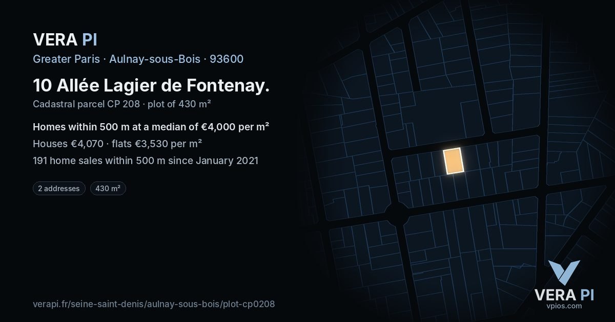 10 Allée Lagier de Fontenay, Aulnay-sous-Bois at night – the plot lit, the parcels around coloured by the prices near them