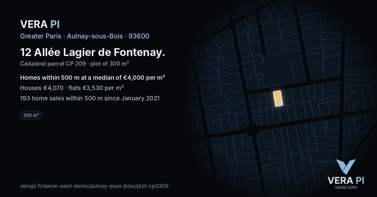 12 Allée Lagier de Fontenay, Aulnay-sous-Bois at night – the plot lit, the parcels around coloured by the prices near them