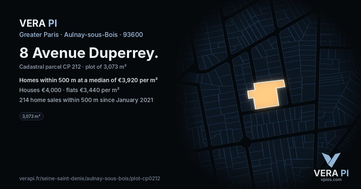 8 Avenue Duperrey, Aulnay-sous-Bois at night – the plot lit, the parcels around coloured by the prices near them