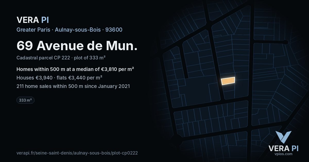 69 Avenue de Mun, Aulnay-sous-Bois at night – the plot lit, the parcels around coloured by the prices near them