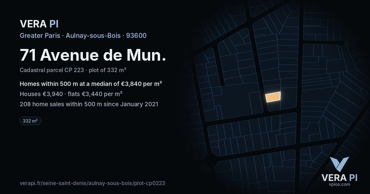 71 Avenue de Mun, Aulnay-sous-Bois at night – the plot lit, the parcels around coloured by the prices near them