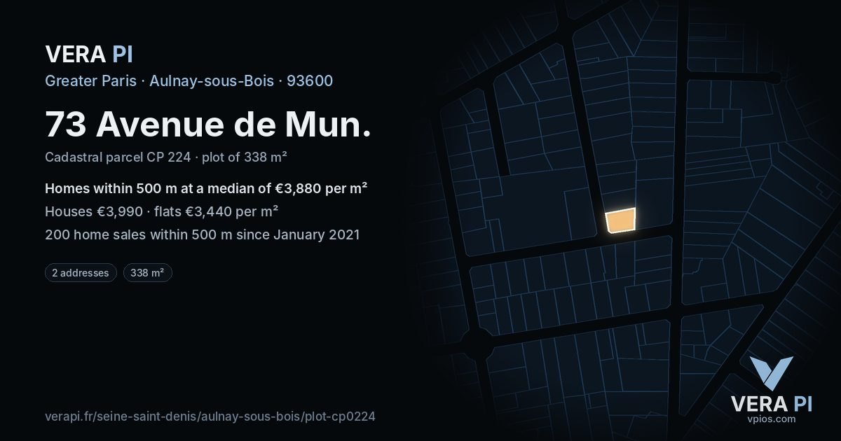 73 Avenue de Mun, Aulnay-sous-Bois at night – the plot lit, the parcels around coloured by the prices near them