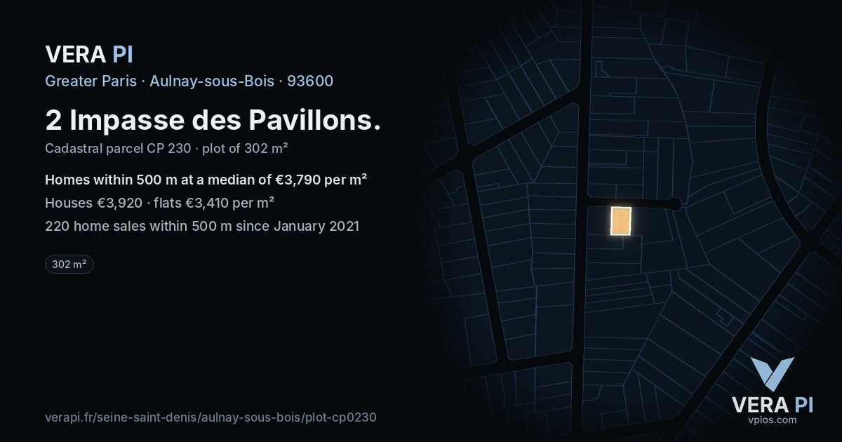 2 Impasse des Pavillons, Aulnay-sous-Bois at night – the plot lit, the parcels around coloured by the prices near them