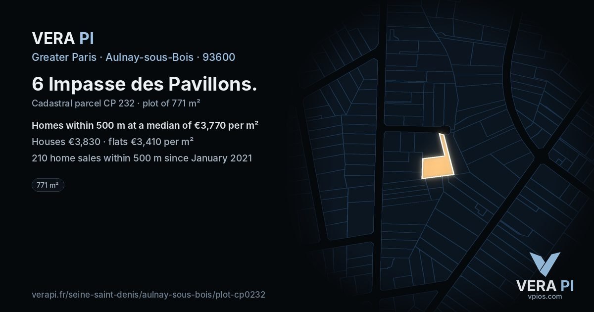 6 Impasse des Pavillons, Aulnay-sous-Bois at night – the plot lit, the parcels around coloured by the prices near them