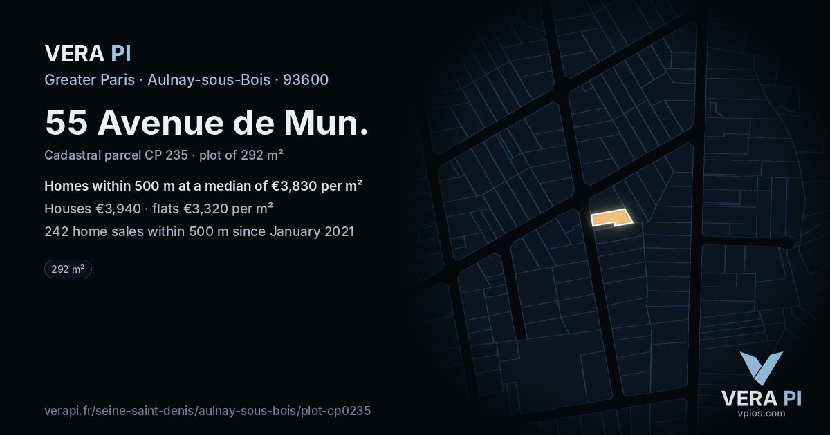 55 Avenue de Mun, Aulnay-sous-Bois at night – the plot lit, the parcels around coloured by the prices near them