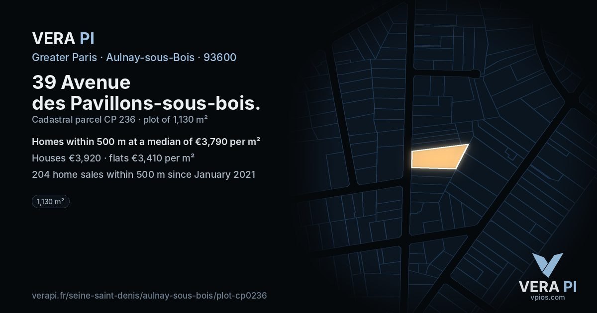 39 Avenue des Pavillons-sous-bois, Aulnay-sous-Bois at night – the plot lit, the parcels around coloured by the prices near them