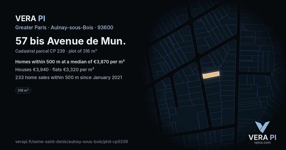 57 bis Avenue de Mun, Aulnay-sous-Bois at night – the plot lit, the parcels around coloured by the prices near them