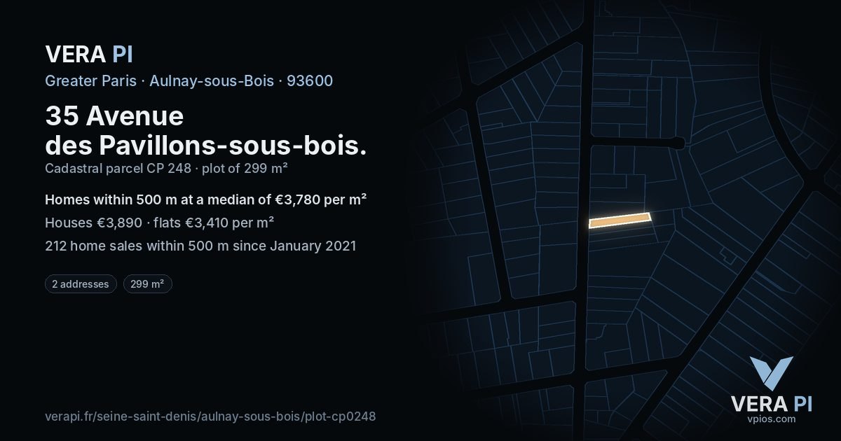 35 Avenue des Pavillons-sous-bois, Aulnay-sous-Bois at night – the plot lit, the parcels around coloured by the prices near them
