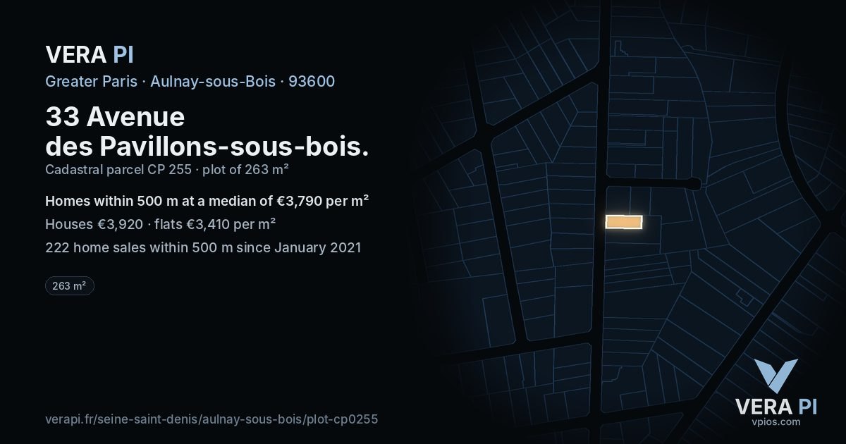 33 Avenue des Pavillons-sous-bois, Aulnay-sous-Bois at night – the plot lit, the parcels around coloured by the prices near them