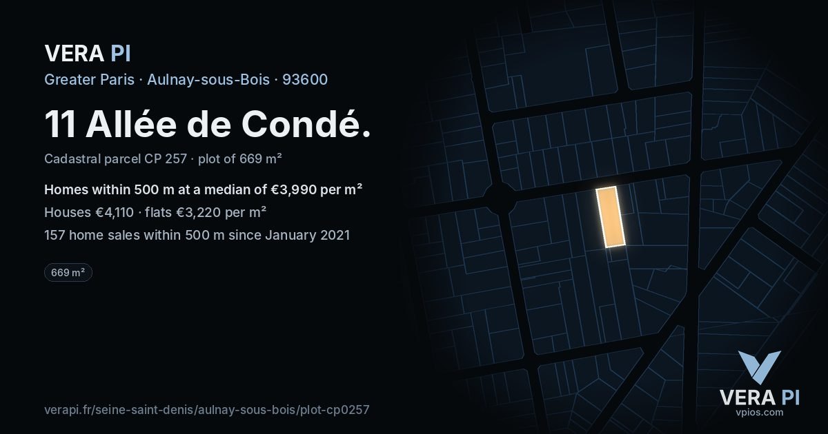 11 Allée de Condé, Aulnay-sous-Bois at night – the plot lit, the parcels around coloured by the prices near them