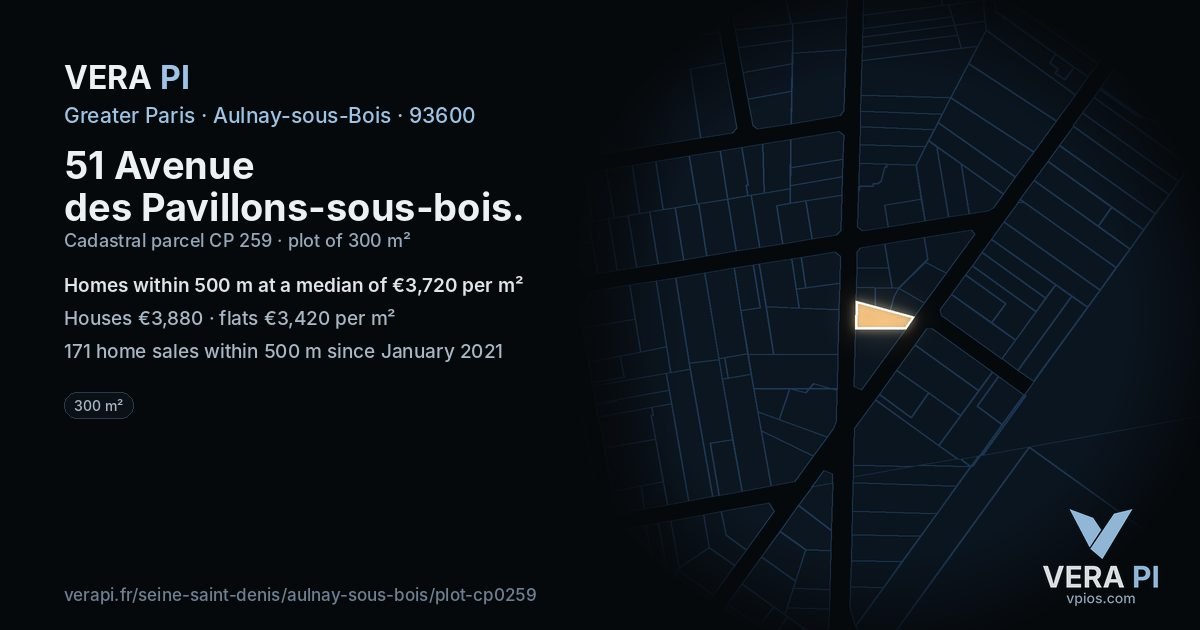 51 Avenue des Pavillons-sous-bois, Aulnay-sous-Bois at night – the plot lit, the parcels around coloured by the prices near them
