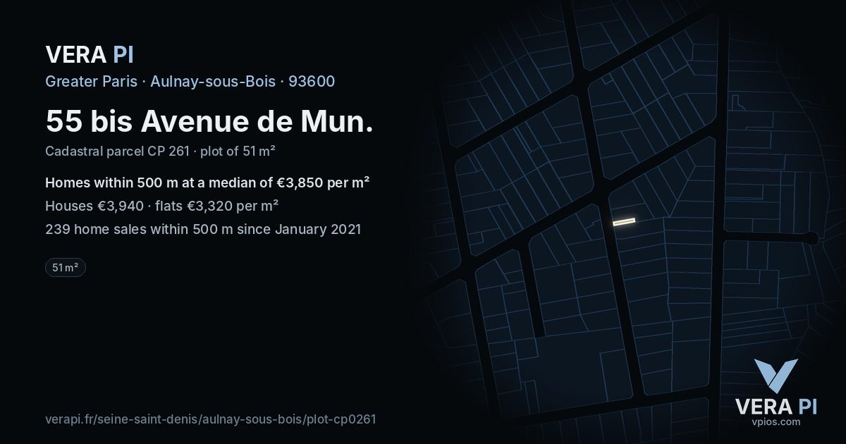 55 bis Avenue de Mun, Aulnay-sous-Bois at night – the plot lit, the parcels around coloured by the prices near them