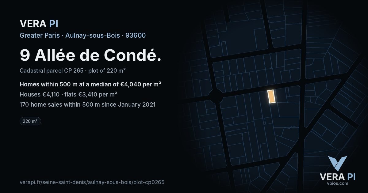 9 Allée de Condé, Aulnay-sous-Bois at night – the plot lit, the parcels around coloured by the prices near them