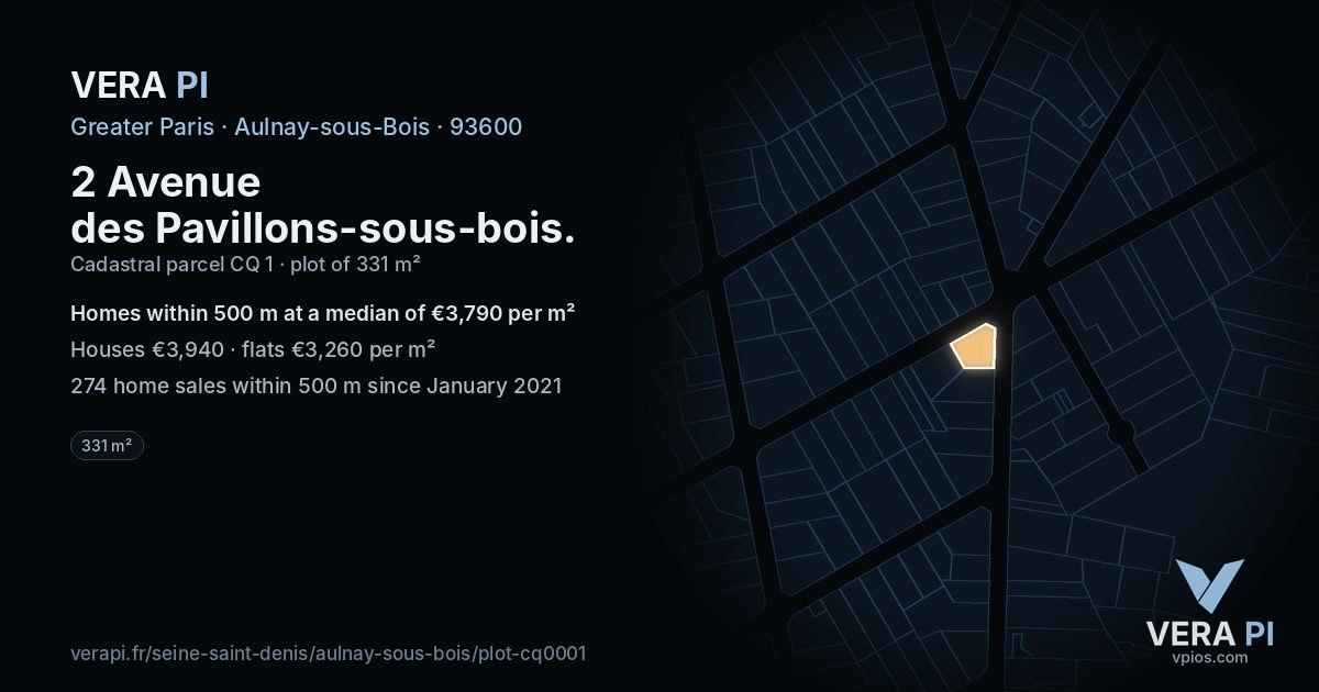 2 Avenue des Pavillons-sous-bois, Aulnay-sous-Bois at night – the plot lit, the parcels around coloured by the prices near them
