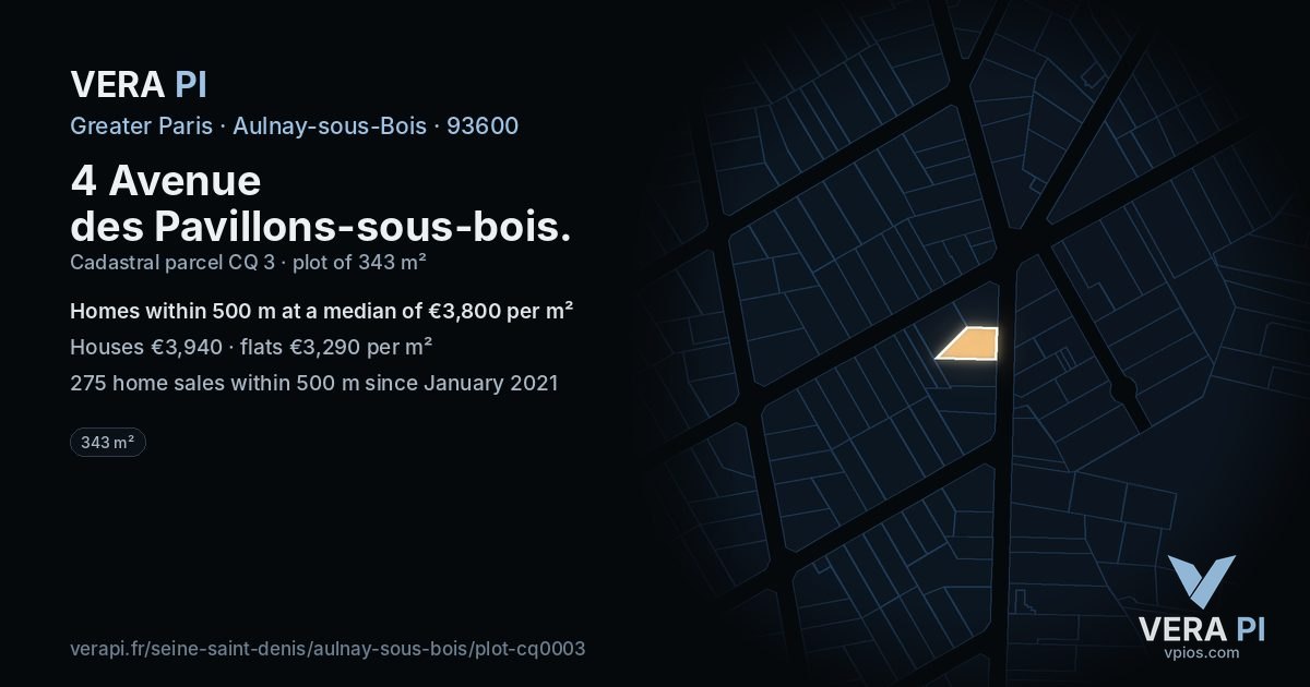 4 Avenue des Pavillons-sous-bois, Aulnay-sous-Bois at night – the plot lit, the parcels around coloured by the prices near them