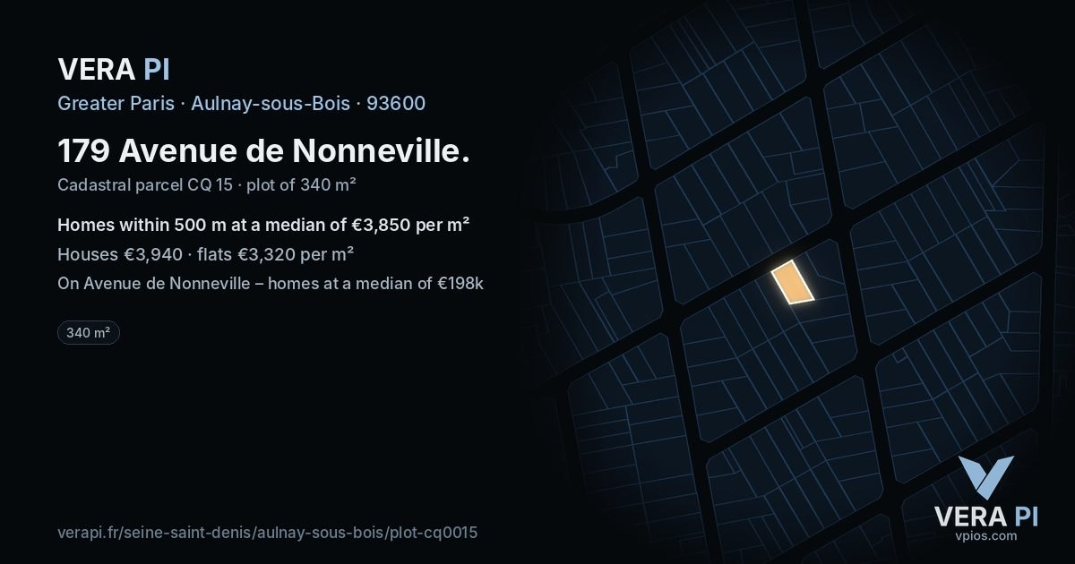 179 Avenue de Nonneville, Aulnay-sous-Bois at night – the plot lit, the parcels around coloured by the prices near them