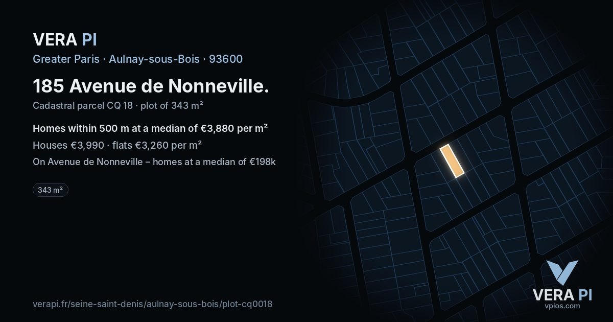 185 Avenue de Nonneville, Aulnay-sous-Bois at night – the plot lit, the parcels around coloured by the prices near them