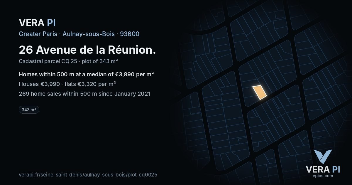 26 Avenue de la Réunion, Aulnay-sous-Bois at night – the plot lit, the parcels around coloured by the prices near them