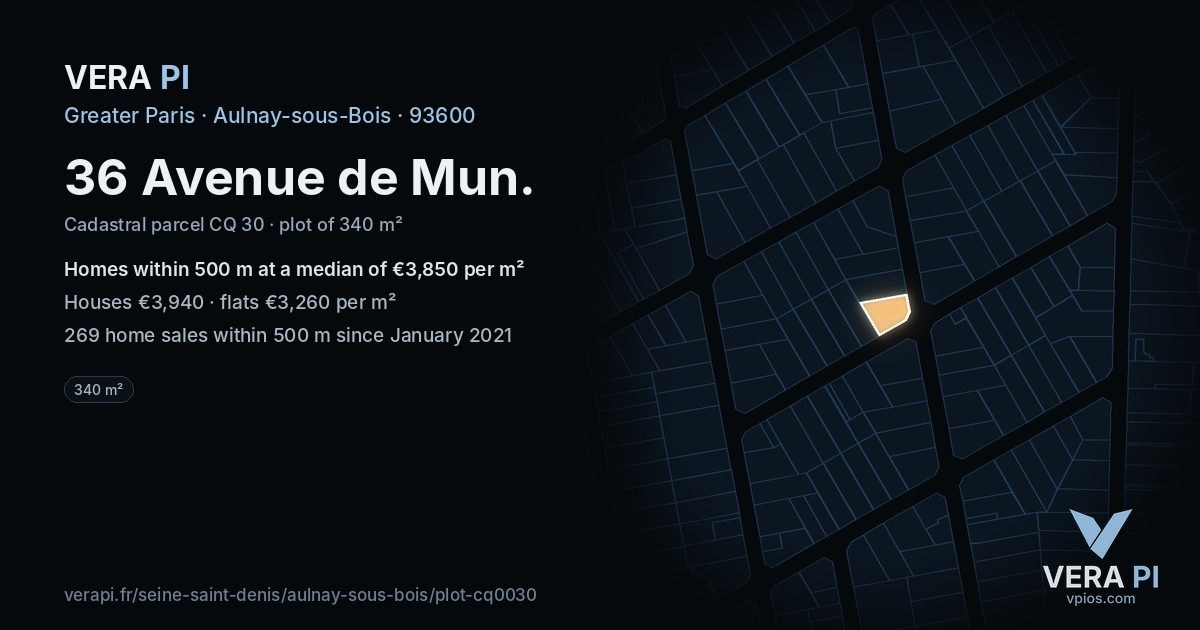 36 Avenue de Mun, Aulnay-sous-Bois at night – the plot lit, the parcels around coloured by the prices near them