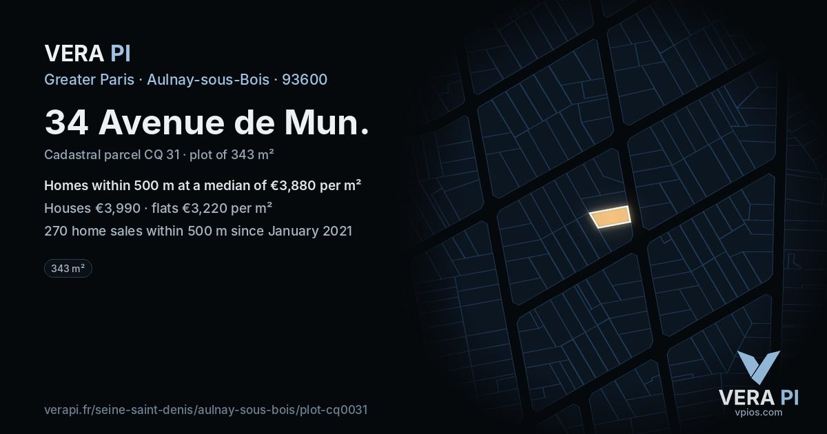 34 Avenue de Mun, Aulnay-sous-Bois at night – the plot lit, the parcels around coloured by the prices near them
