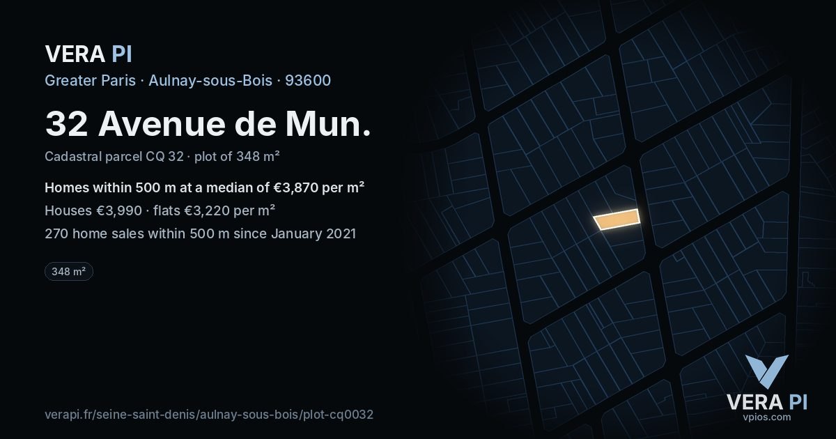 32 Avenue de Mun, Aulnay-sous-Bois at night – the plot lit, the parcels around coloured by the prices near them