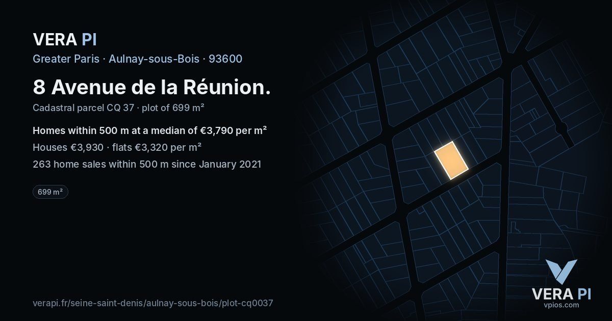 8 Avenue de la Réunion, Aulnay-sous-Bois at night – the plot lit, the parcels around coloured by the prices near them